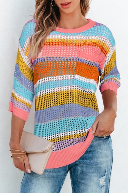 Pink Stripe Colorblock Hollowed Crochet 3/4 Sleeve Sweater LC277431-P1019