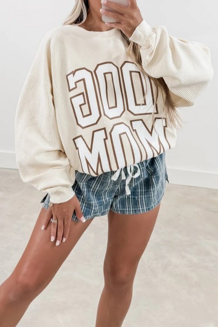 Beige Ribbed Texture DOG MOM Letter Print Oversize Sweatshirt LC25320245-P15