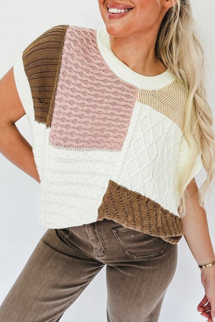 Multicolor Colorblock Mix Textured Sweater Tee LC276161-P1622