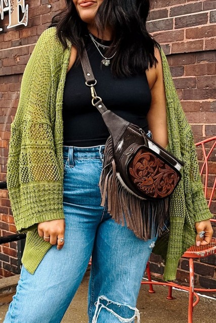 Spinach Green Oversize Crochet Knit Open Cardigan LC2712419-P709