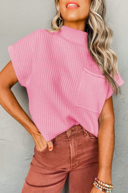 Pink Patch Pocket Ribbed Knit Short Sleeve Sweater LC2724250-P10