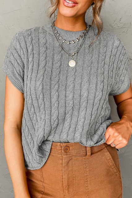 Gray Crew Neck Cable Knit Short Sleeve Sweater LC2724323-P11
