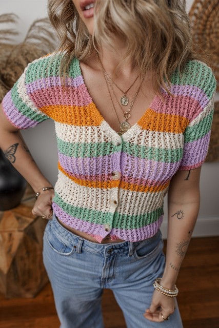 Orange Colorblock Striped Pointelle Knit V Neck Buttoned Crop Short Sleeve Sweater LC277539-P1422