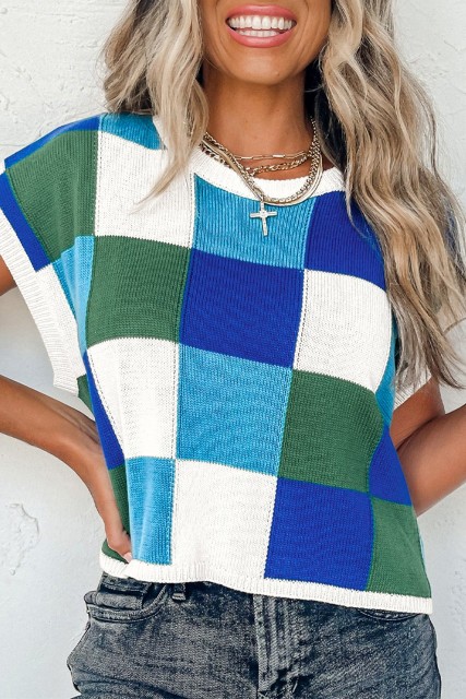 Dark Blue Color Block Cap Sleeve Sweater LC277059-P5