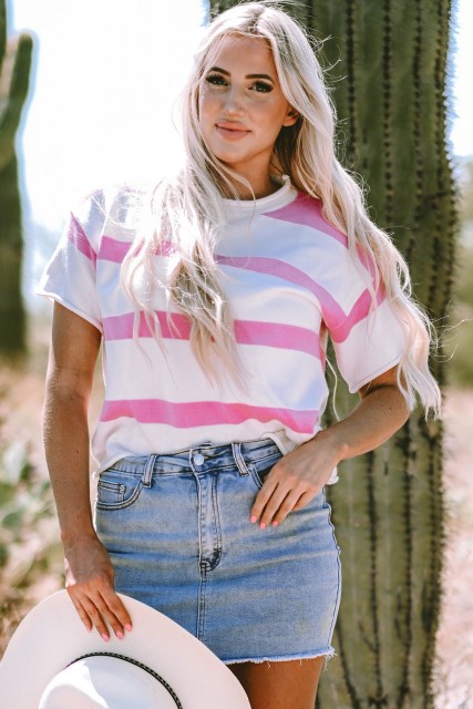 Pink Stripe Dropped Short Sleeve Lightweight Knitted Top LC277353-P1019