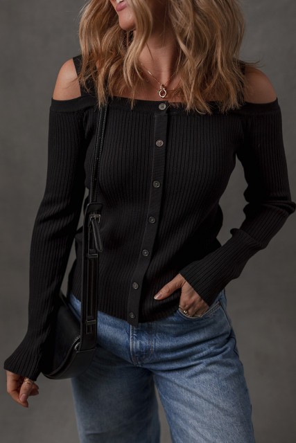 Black Ribbed Knit Cold Shoulder Button Front Sweater LC2712625-P2