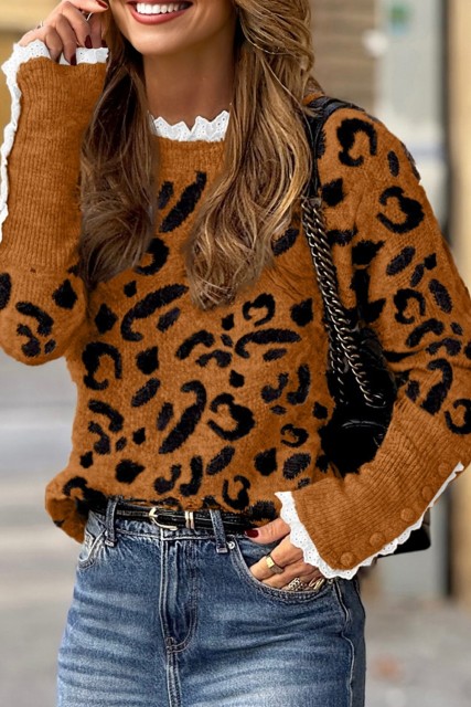 Yellow Leopard Pattern Lace Ribbed Detail Button Cuffed Sweater LC2726751-P720