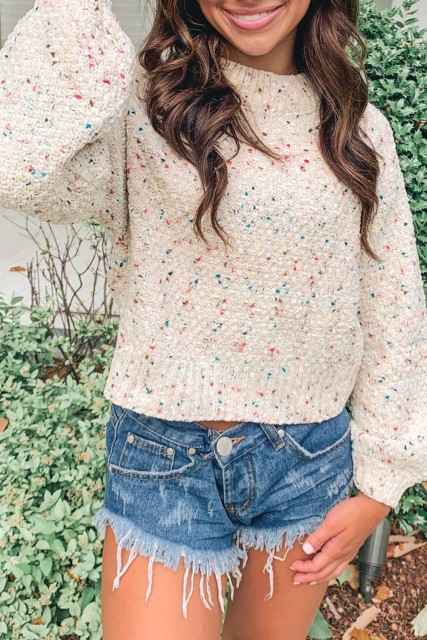 Apricot Confetti Print Long Puff Sleeve Sweater LC2726744-P18