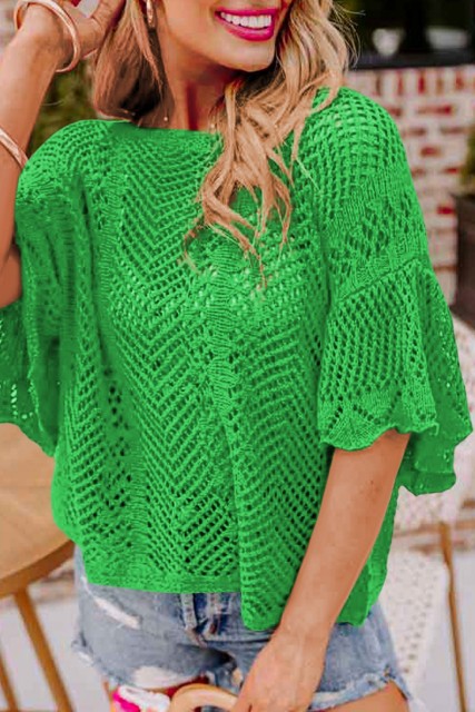 Green Pointelle Knit Scallop Edge Short Sleeve Top LC277224-P9