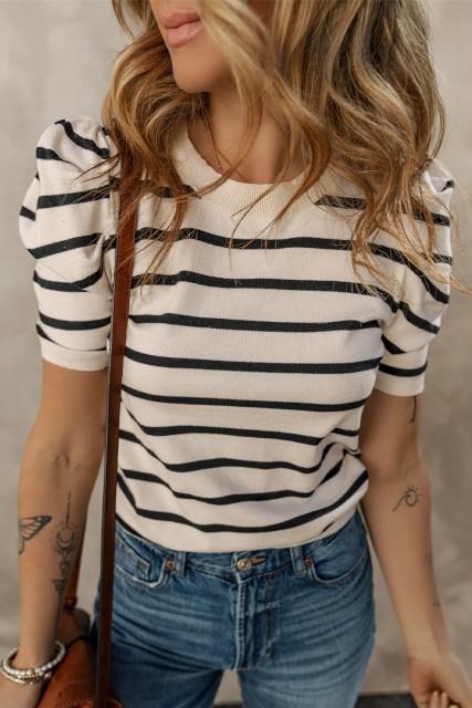 Black Stripe Ribbed Trim Round Neck Bubble Sleeve Knitted Top LC2724348-P219