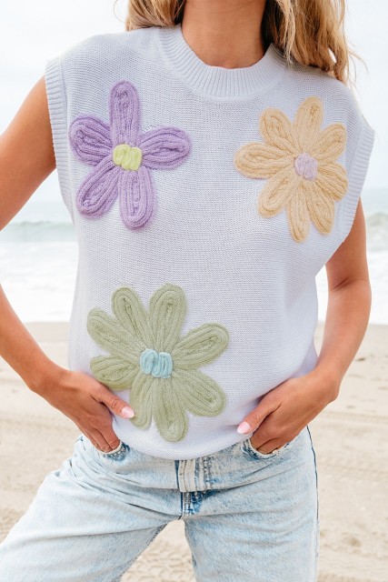 White Multi Crochet Flower Knit Short Sleeve Sweater Tops LC277279-P1