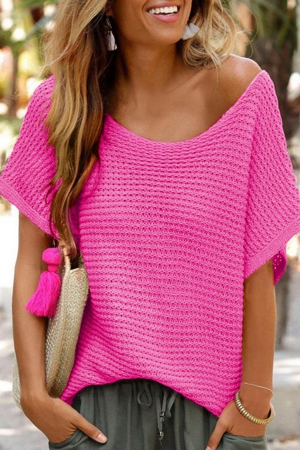 Pink Solid Loose Knit Short Dolman Sleeve Sweater LC277070-P10