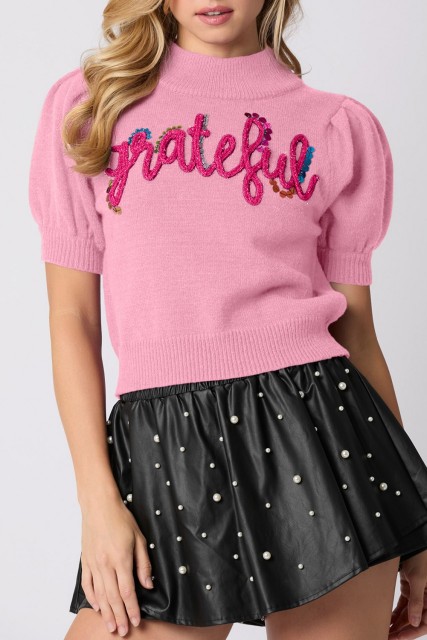Pink Sequin Tinsel grateful Embroidered Puff Short Sleeve High Neck Sweater LC2771092-P10