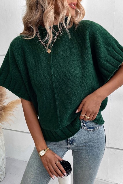 Blackish Green Mock Neck Batwing Short Sleeve Knit Sweater LC2724426-P309