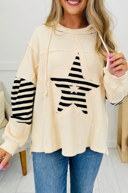 Beige Waffle Texture Striped Star Patchwork Oversize Hoodie LC25319978-P15