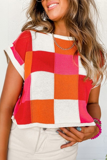 Fiery Red Color Block Cap Sleeve Sweater LC277059-P3