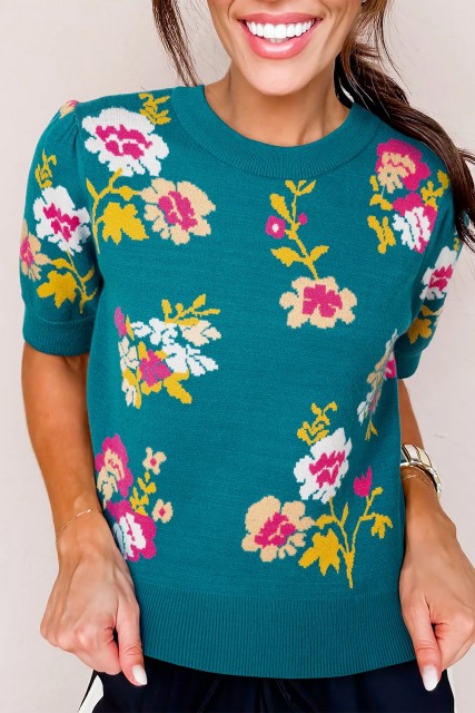 Blue Flower Pattern Mock Neck Short Sleeve Knitted T Shirt LCDLM27710984-P520