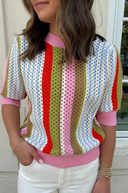 Multicolour Striped Pointelle Knit Short Sleeve Sweater LC2727631-P22