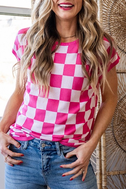 Rose Check Pattern Cap Sleeve Knitted Sweater LC2771065-P620