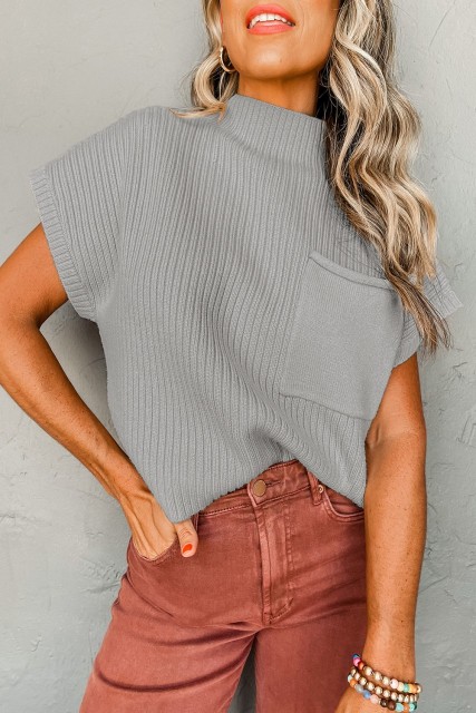 Gray Patch Pocket Ribbed Knit Short Sleeve Sweater LC2724250-P11
