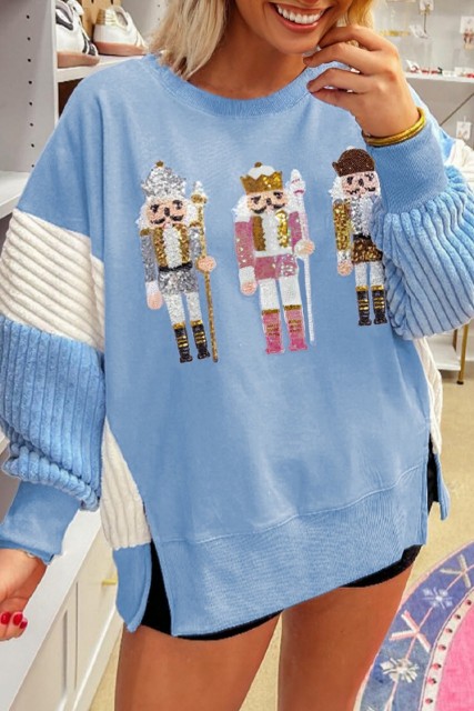 Beau Blue Sequin Nutcracker Textured Sleeve Patchwork Color Block Sweatshirt LC25319928-P804