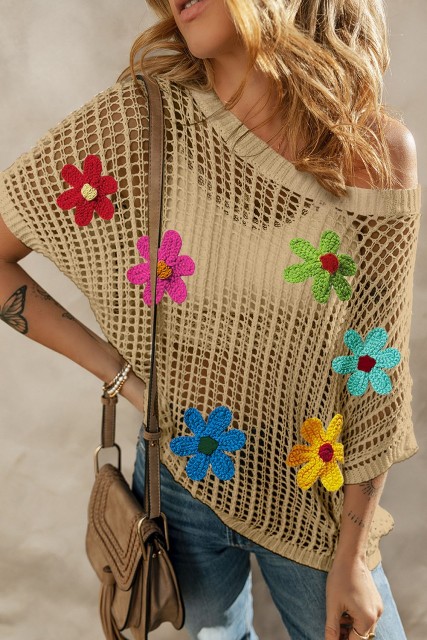 Light French Beige Crochet Flower Hollow-out Sweater T Shirt LC277301-P4016