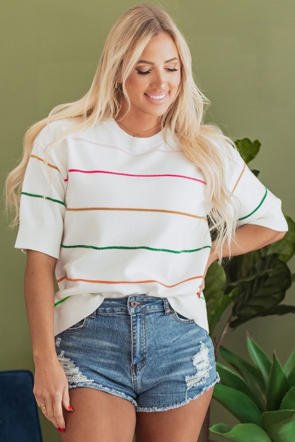 White Colorblock Striped Half Sleeve Drop Shoulder Sweater LC2725961-P122