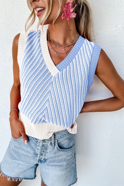 Sky Blue Contrast Chevron Knit V Neck Sweater Vest LC276220-P304