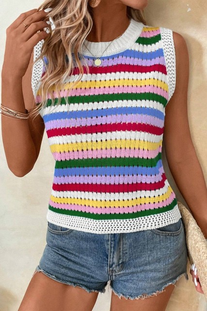 Multicolour Striped Knitted Eyelet Slim Sweater Vest LC276479-P22