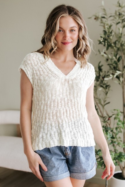 Beige Notched V Neck Short Sleeve Sweater LC277660-P15