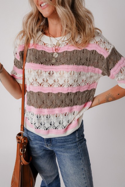 Brown Stripe Color Block Hollow Out Crochet Half Sleeve Sweater LC277343-P1719