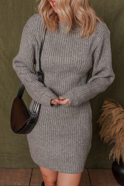 Gray Ribbed Knit Long Sleeve Crewneck Slim Fit Sweater Dress LC273861-P11