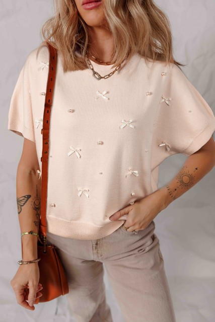 Oatmeal Pearl Bow Embellished Dolman Short Sleeve Sweater LC2771054-P1015