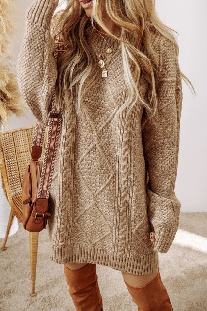 Parchment Cable Knit Drop Shoulder Loose Fit Sweater Dress LC273764-P6016