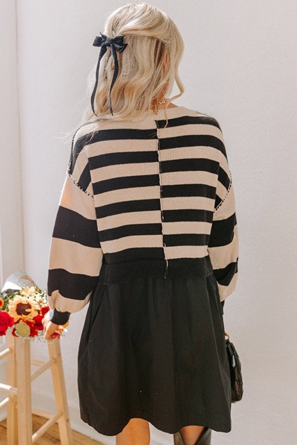 Black Stripe Two in One Knitted Top High Waist Splicing Hem Sweater Dress LC273859-P219