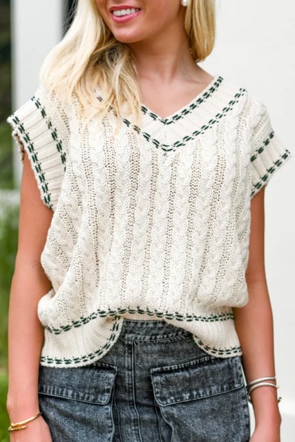 White Contrast Trim V Neck Cable Knit Sweater Vest LC276236-P1