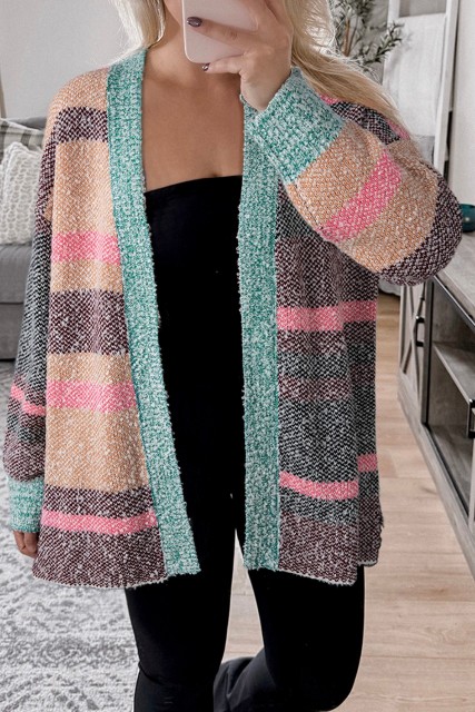 Multicolour Color Block Striped Side Slit Open Front Cardigan LC2712305-P22