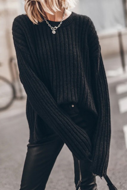 Black Ribbed Knit Raw Edge Distressed Slouchy Sweater LC2727611-P2
