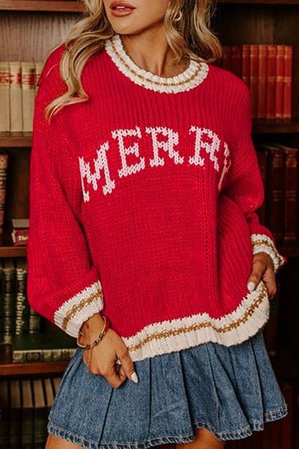 Fiery Red MERRY Pattern Color Block Edge Drop Shoulder Cozy Sweater LC2726817-P3