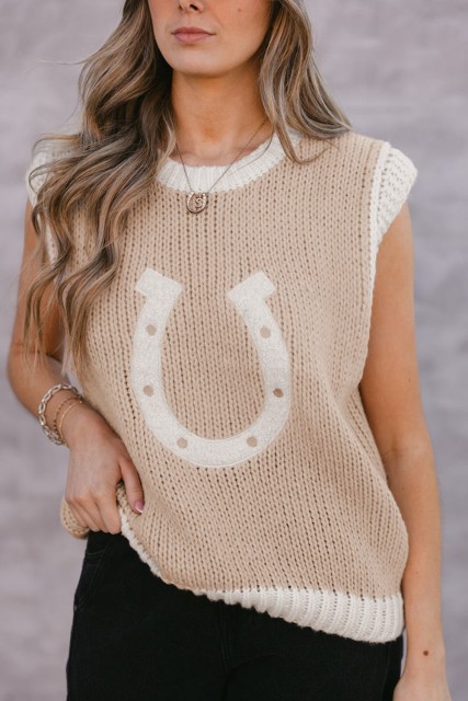 Oatmeal Woven Horseshoe Color Contrast Trim Sweater Vest LC276850-P1015