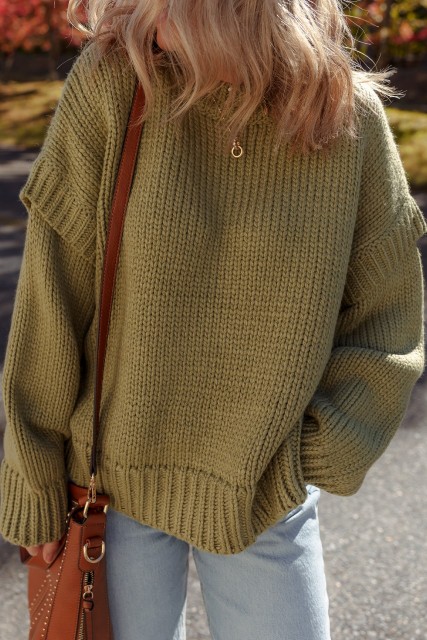 Guacamole Green Solid Color Ruffled Chunky Loose Sweater LC2727575-P1409