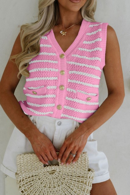 Pink Stripe V Neck Gold Buttons Elegant Sweater Vest LC274127-P1019