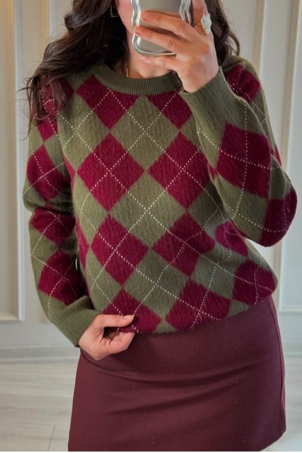 Green Vintage Argyle Knit Round Neck Sweater LC2727423-P922