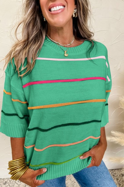 Green Colorblock Striped Half Sleeve Drop Shoulder Sweater LC2725961-P922
