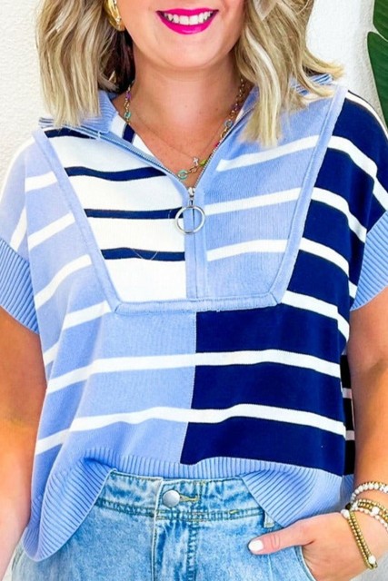 Sky Blue Stripe Colorblock Quarter Zip Collar Sweater Vest LC276558-P419