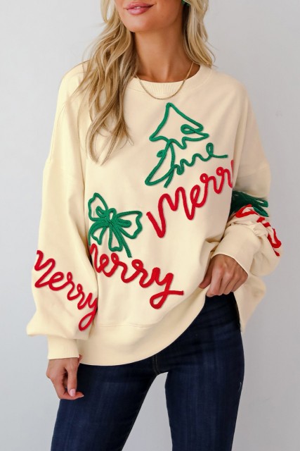 Beige Corded Christmas Pattern Oversize Sweatshirt LC25319926-P15