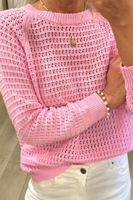 Pink Solid Color Pointellet Knit Raglan Sleeve Sweater LC2727517-P10