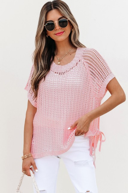Pink Hollow-out Crochet Side Tied Short Sleeve Sweater LC277897-P10