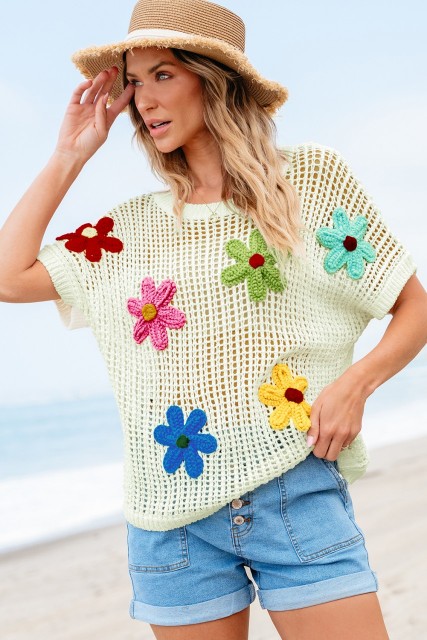 White Crochet Flower Hollow-out Sweater T Shirt LC277301-P1