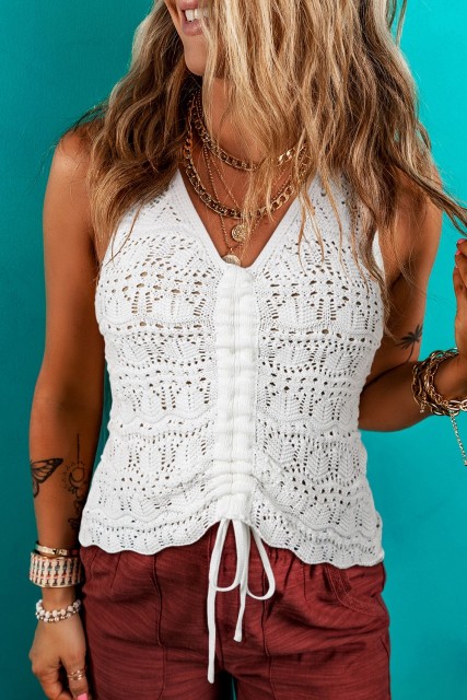 Beige Trendy Hollowed Knit V Neck Drawstring Sweater Vest LC276802-P15